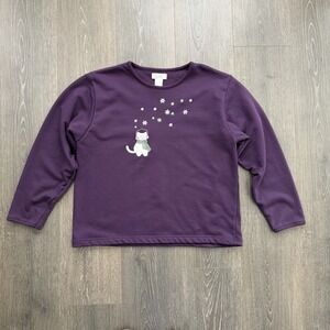 Vtg Christopher & Banks Embroidered Cat Sweater Large Purple Cottage Grandma